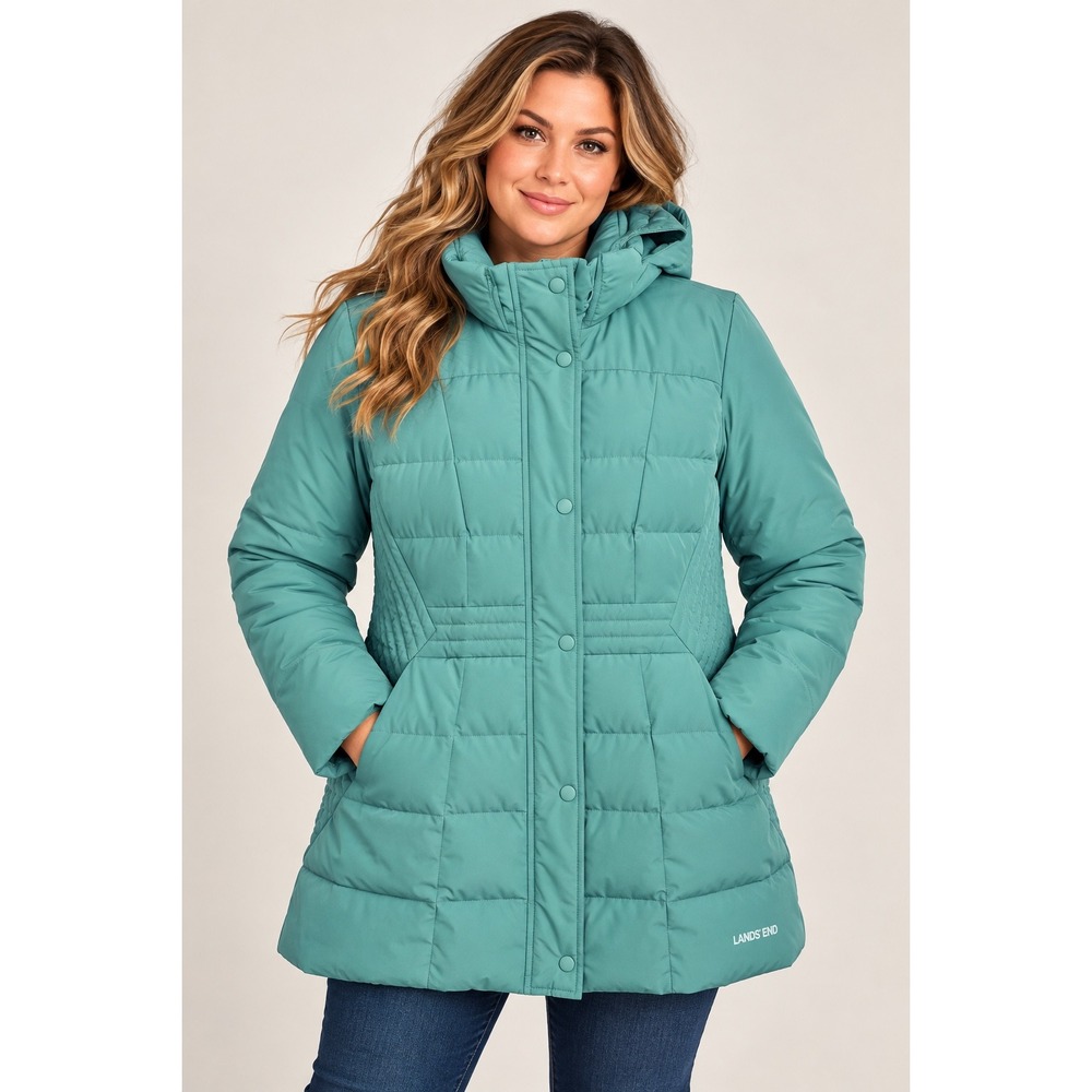 Lands' End Women's L 14-16 Teal Down Puffer Hooded Winter Coat Jacket